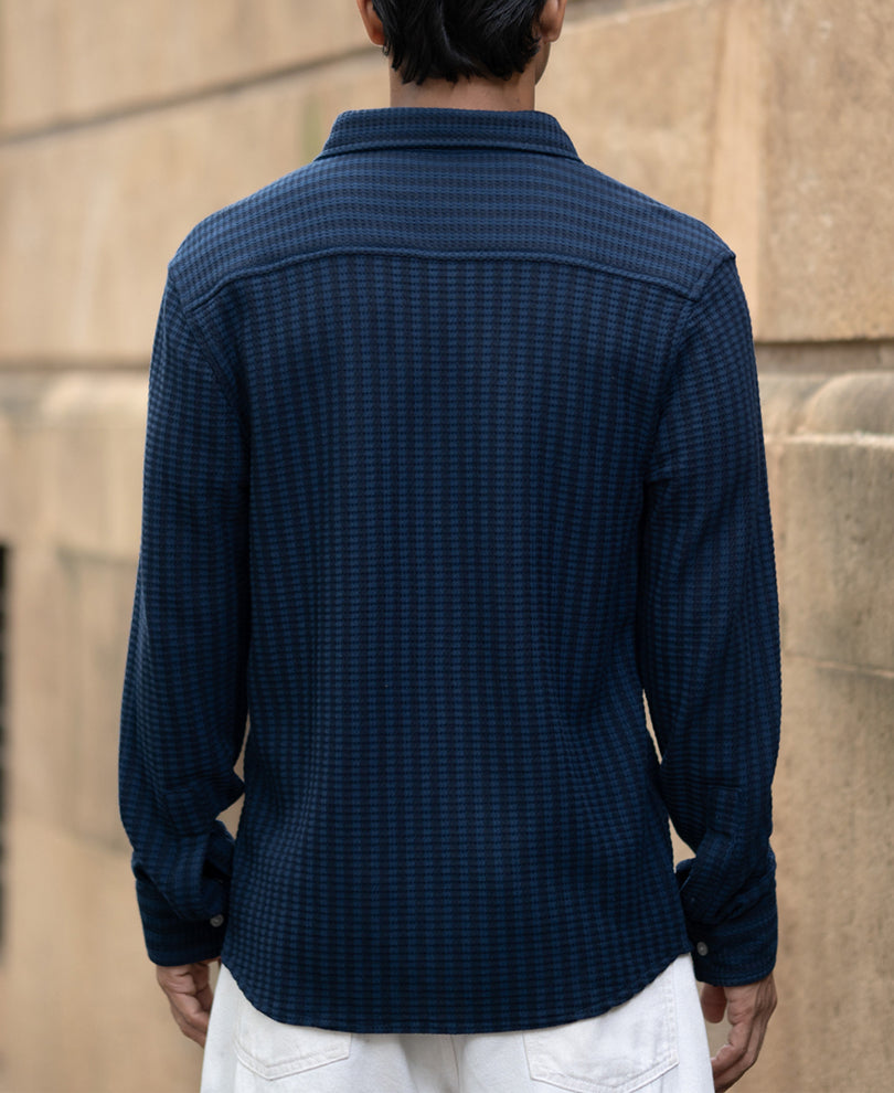 Denim Knit Structured Stripe Shirt.
