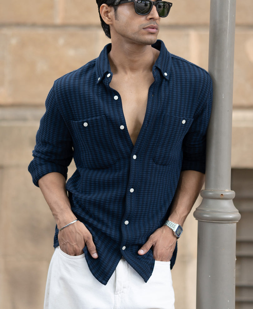 Denim Knit Structured Stripe Shirt.