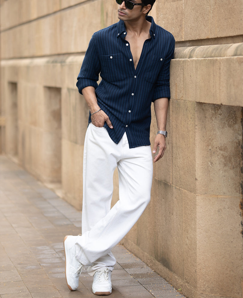 Denim Knit Structured Stripe Shirt.