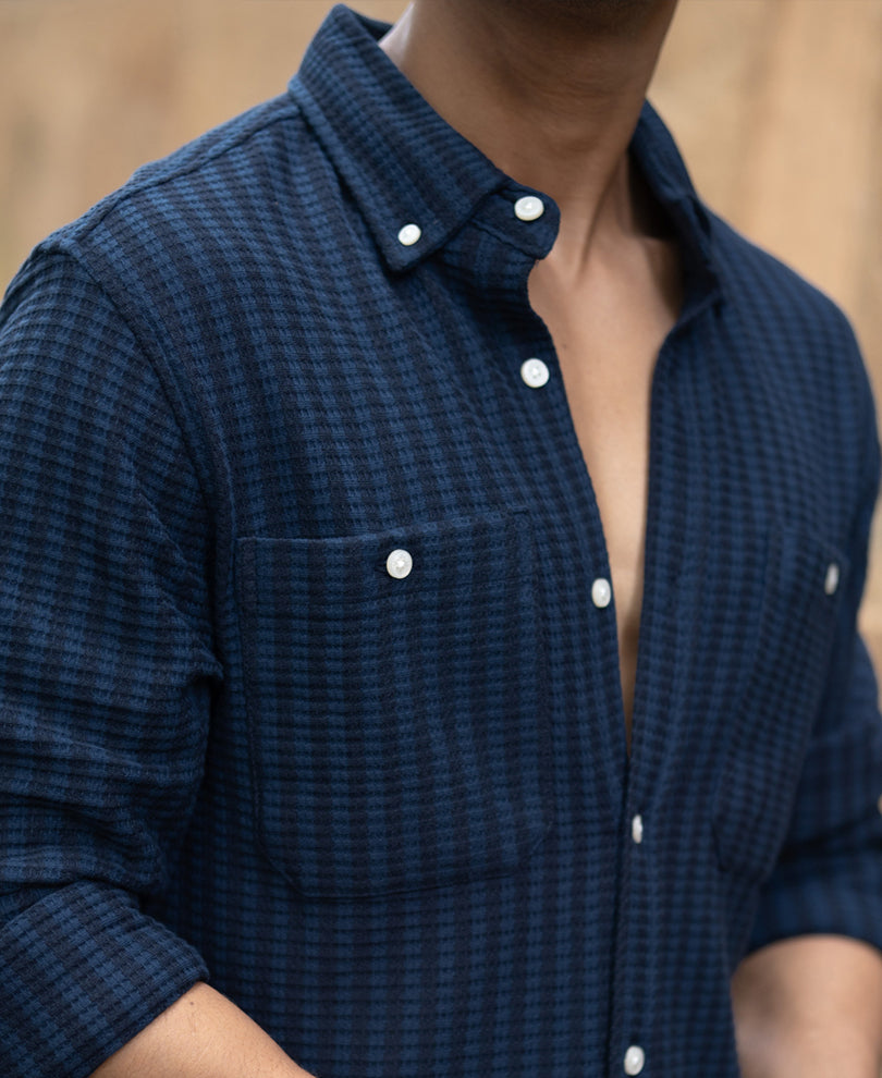 Denim Knit Structured Stripe Shirt.