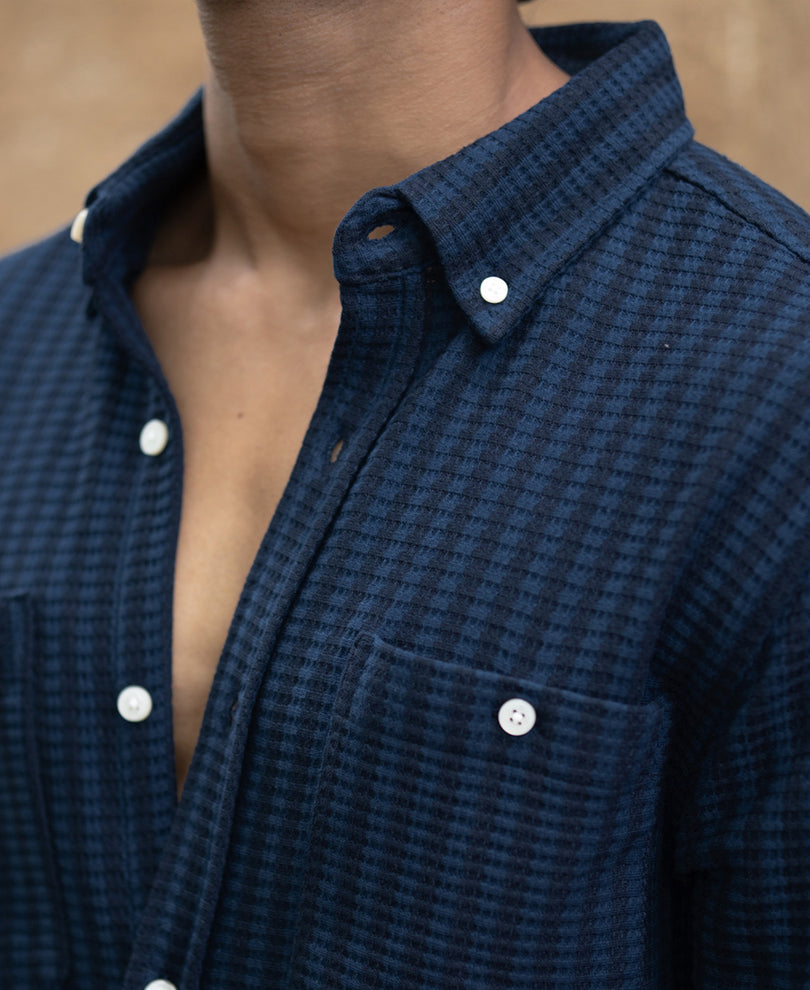 Denim Knit Structured Stripe Shirt.