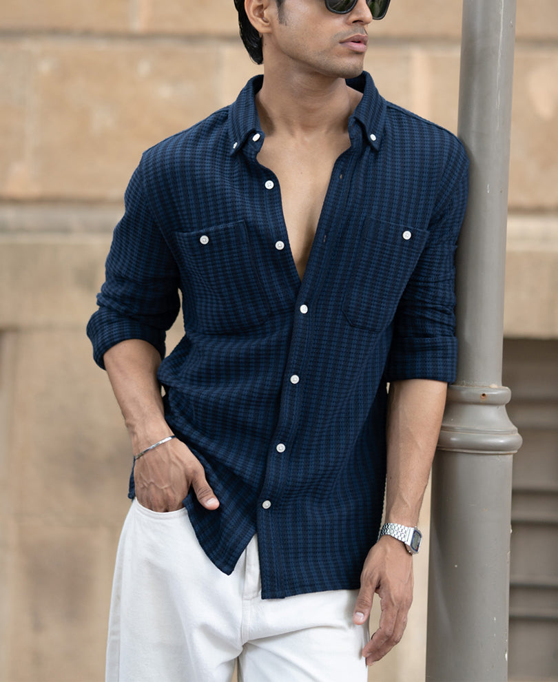 Denim Knit Structured Stripe Shirt.