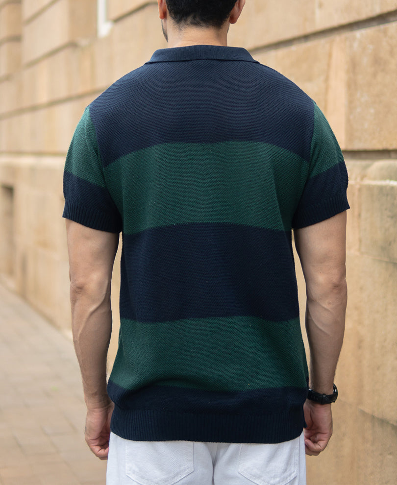 Olive And Navy Knitted Stripe T-Shirt.