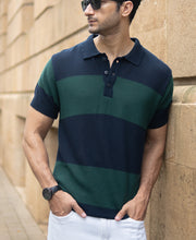 Olive And Navy Knitted Stripe T-Shirt.