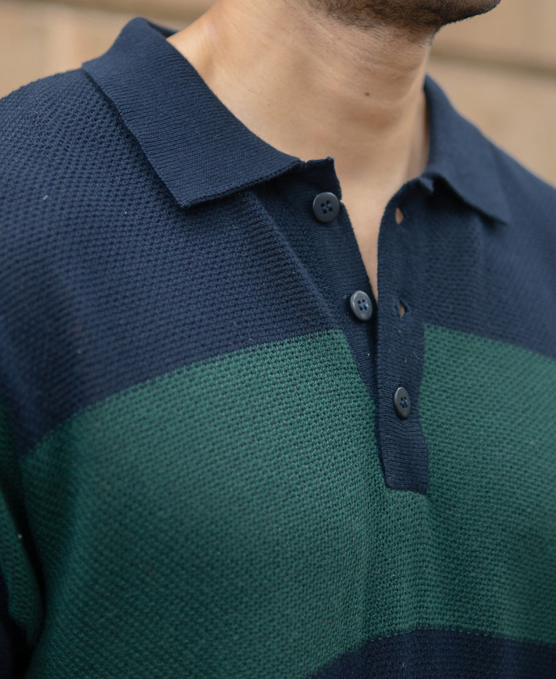Olive And Navy Knitted Stripe T-Shirt.