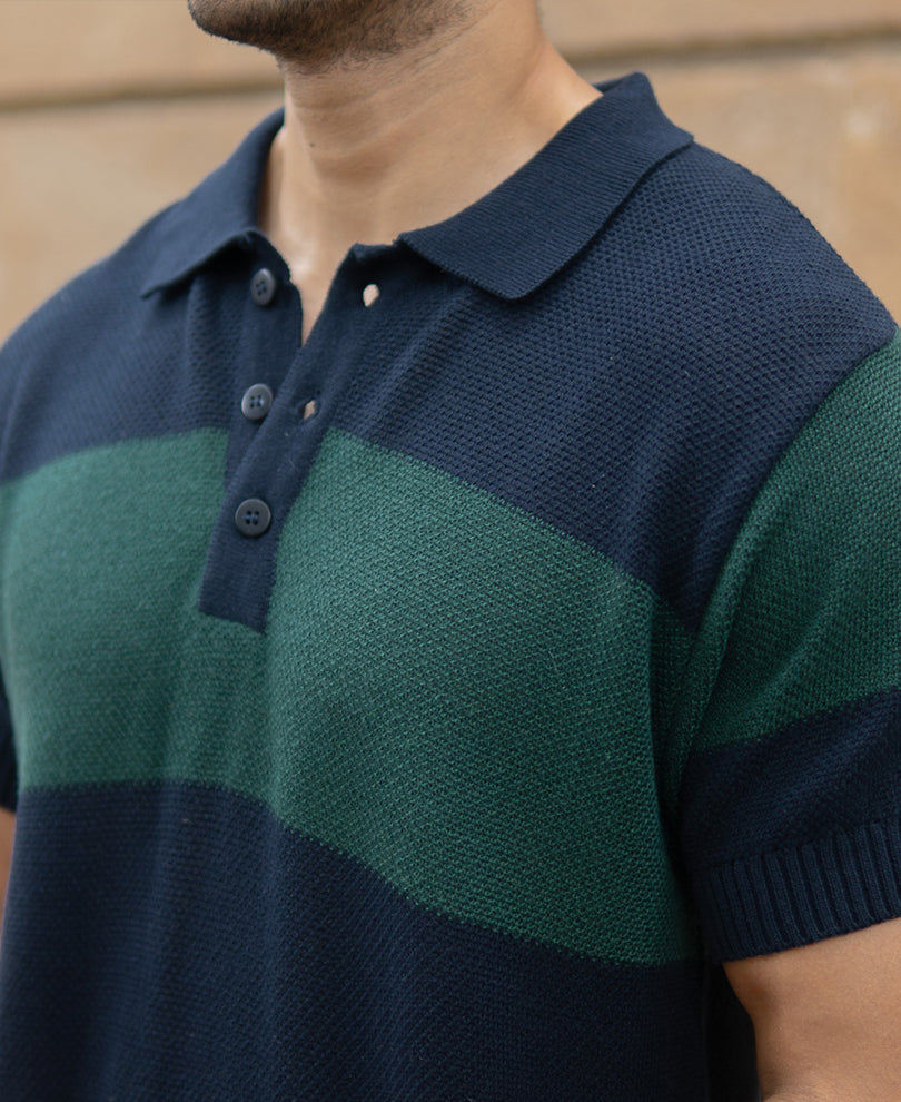 Olive And Navy Knitted Stripe T-Shirt.