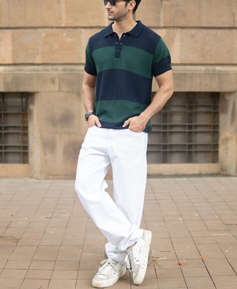 Olive And Navy Knitted Stripe T-Shirt.