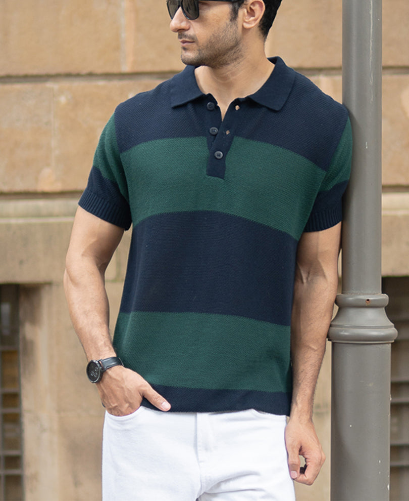 Olive And Navy Knitted Stripe T-Shirt.