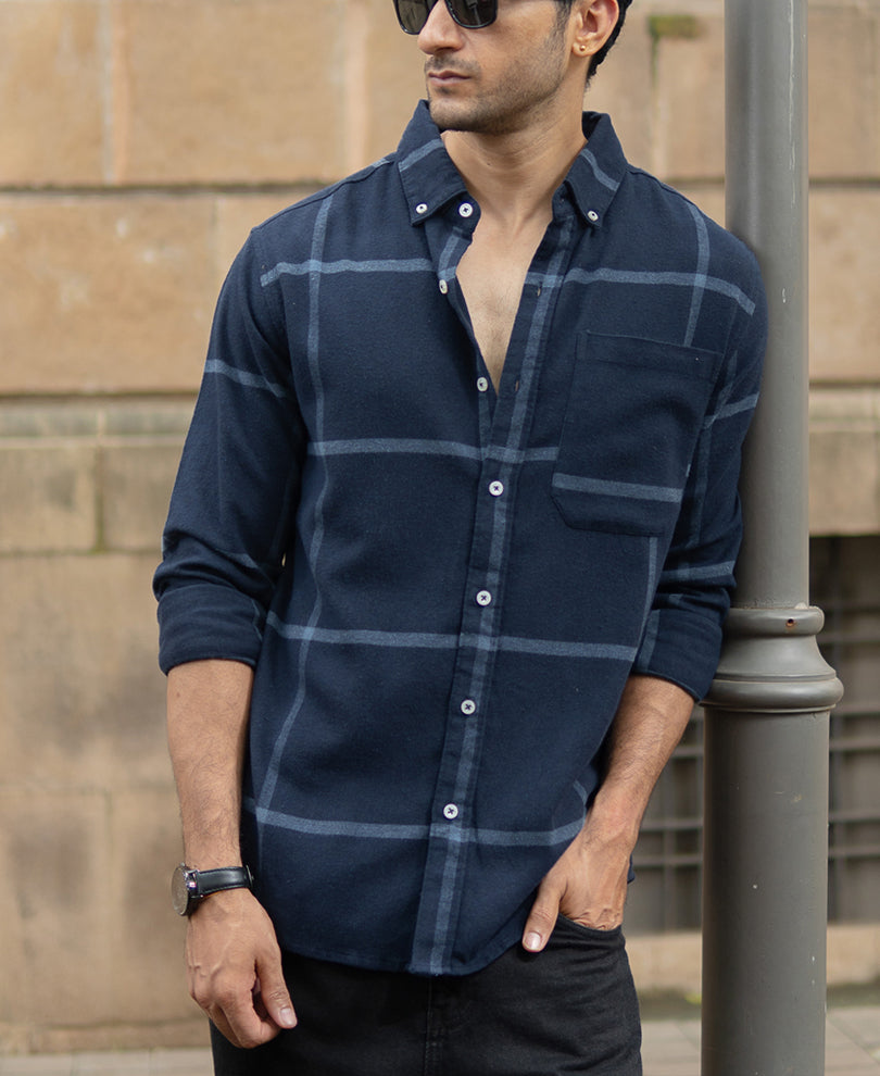 Dark Navy Brushed Checks Shirt.