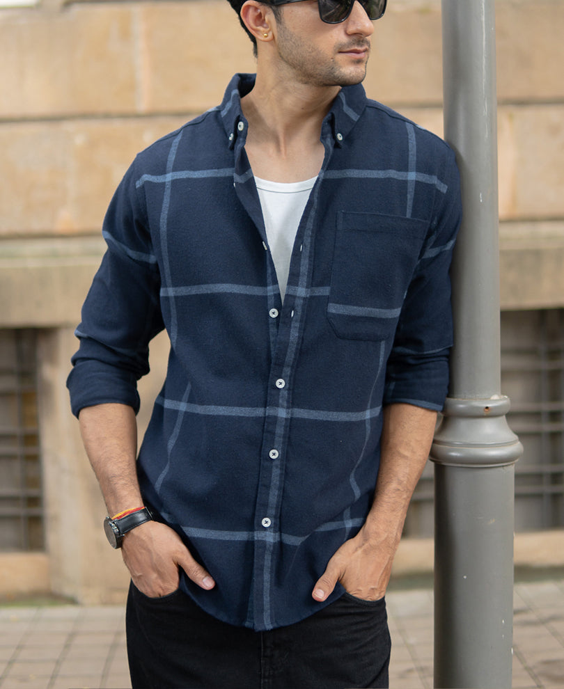 Dark Navy Brushed Checks Shirt.