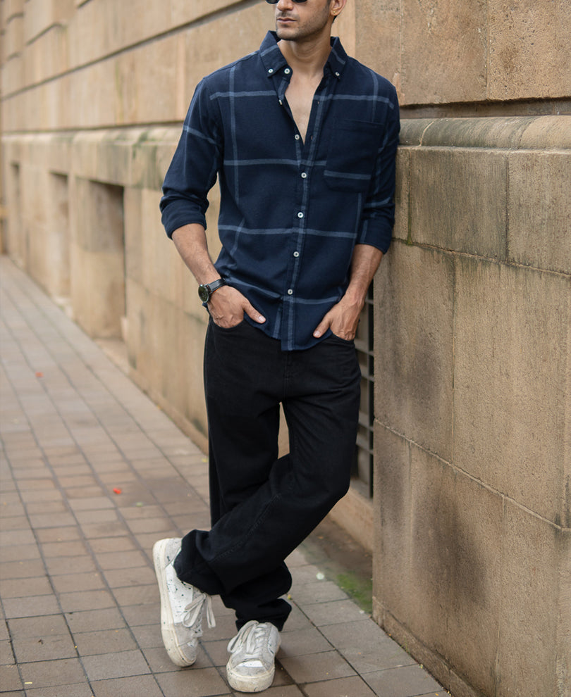 Dark Navy Brushed Checks Shirt.