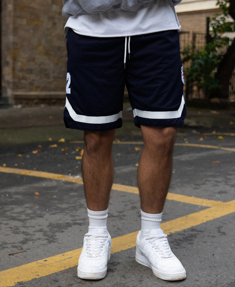 Navy Embroidered Mesh Short.