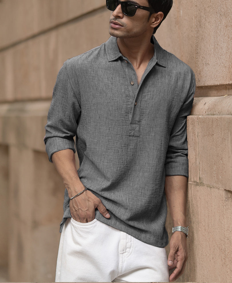 Dark Grey Slub Kurta Shirt.