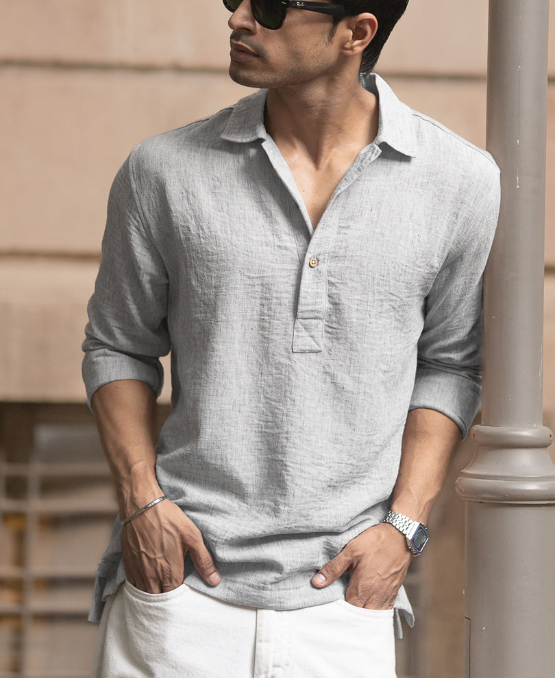 Light Grey Slub Kurta Shirt.
