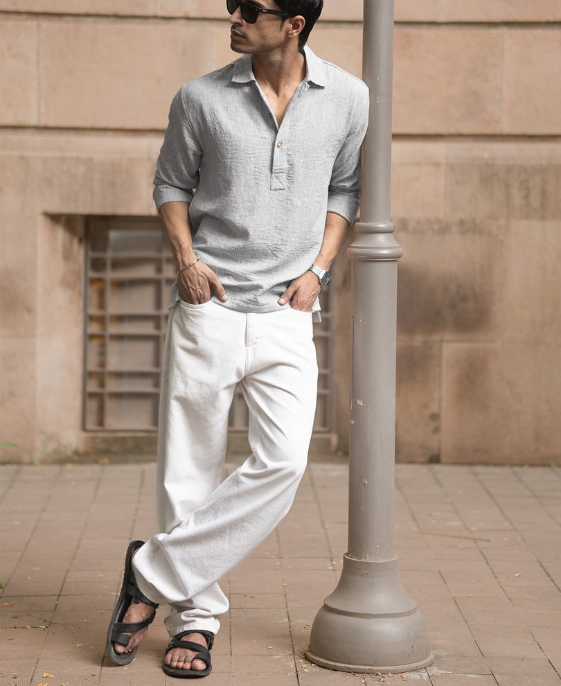 Light Grey Slub Kurta Shirt.