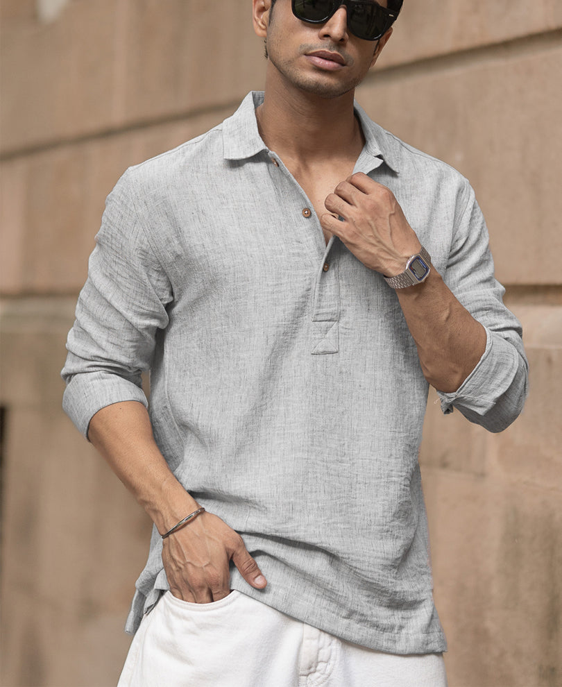 Light Grey Slub Kurta Shirt.