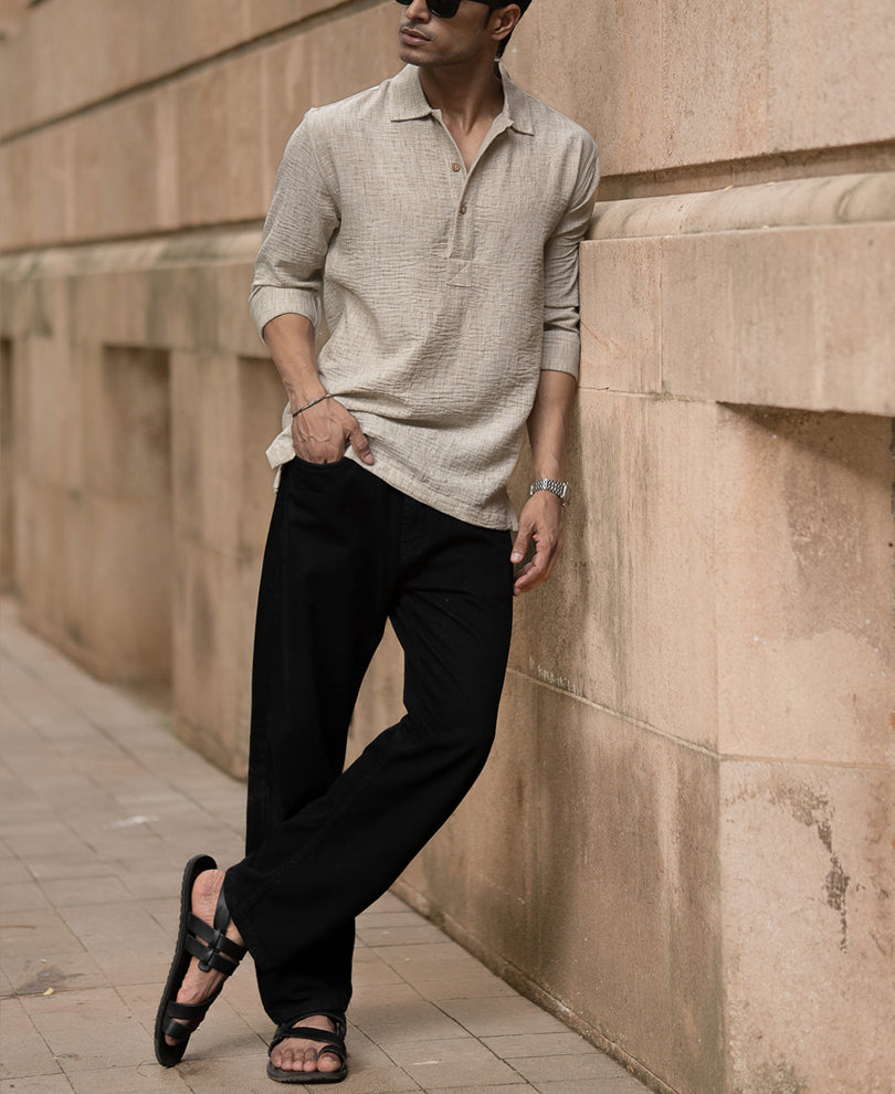 Light Beige Slub Kurta Shirt.