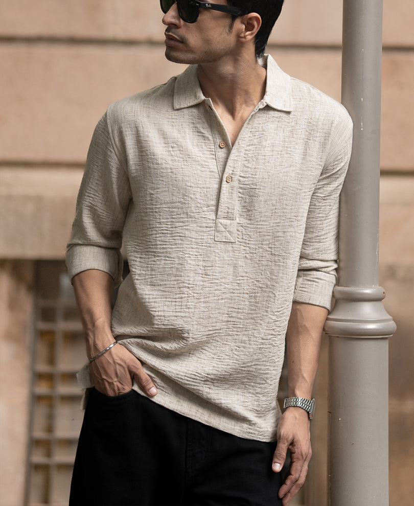 Light Beige Slub Kurta Shirt.