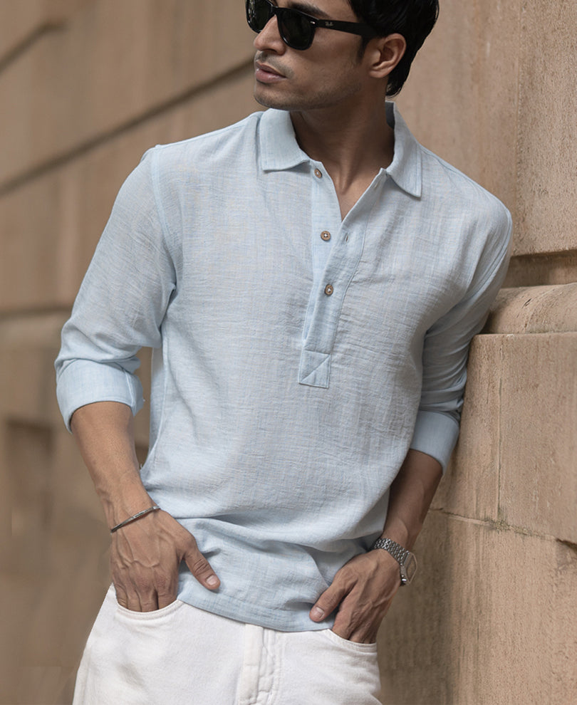 Light Blue Slub Kurta Shirt.