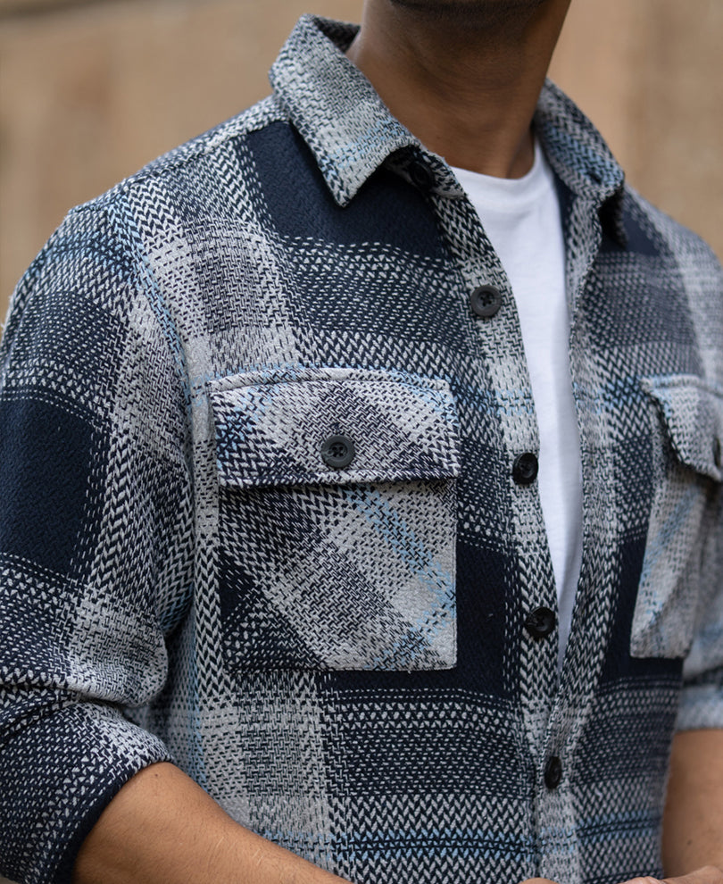 Grey And Navy Structured Checks Shirt.