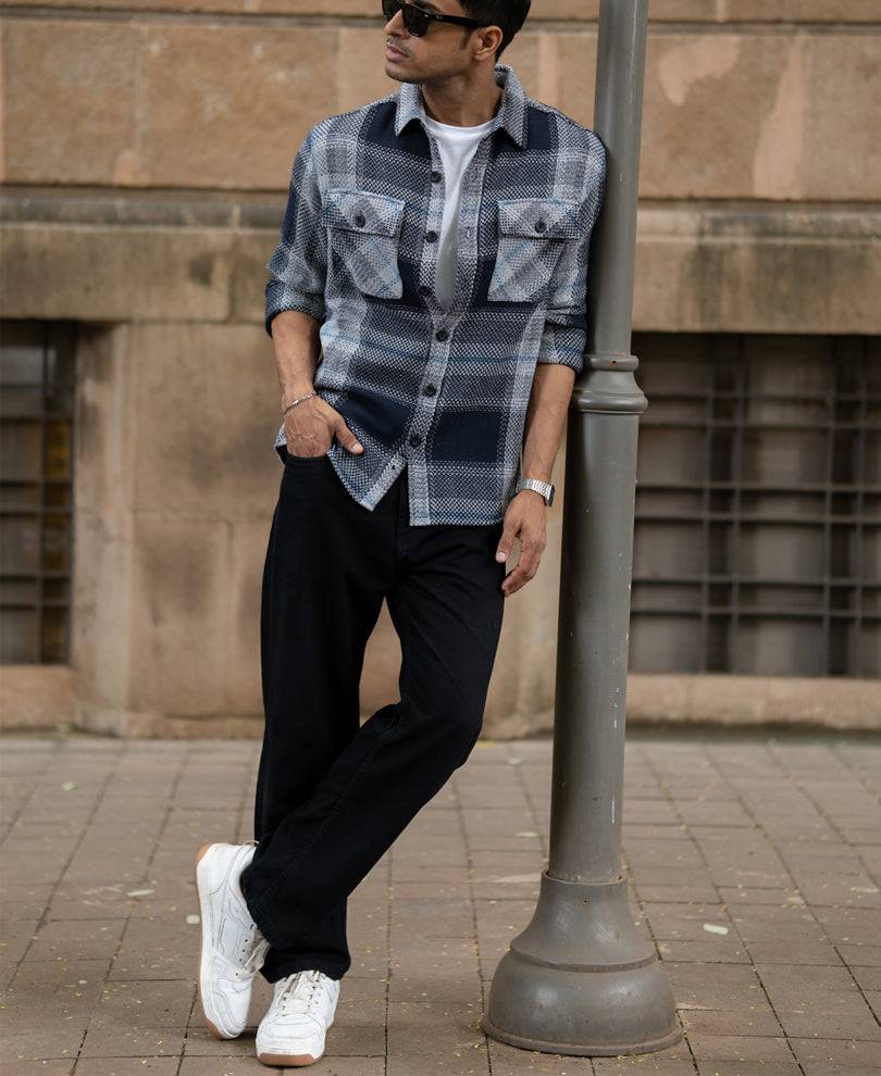 Grey And Navy Structured Checks Shirt.