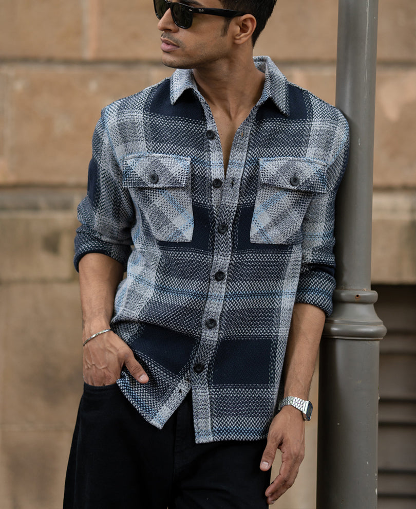 Grey And Navy Structured Checks Shirt.