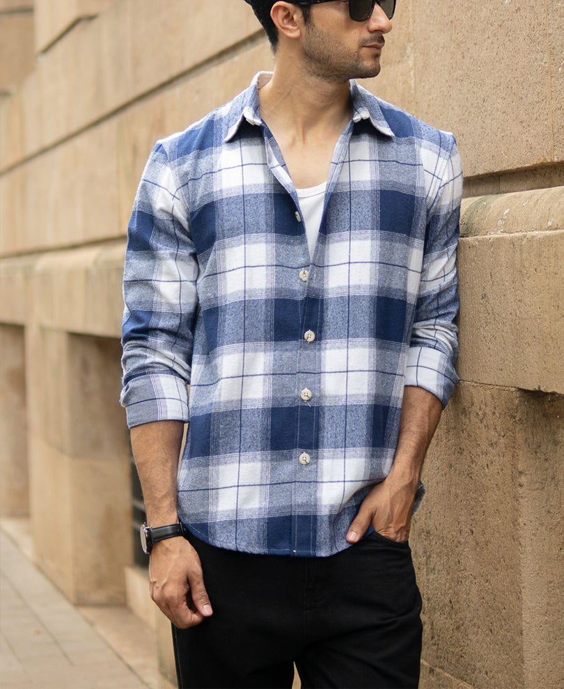 Dark Blue Brushed Checks Shirt.