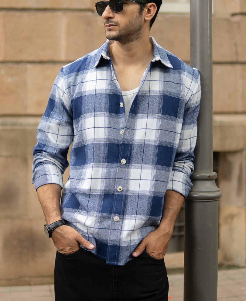 Dark Blue Brushed Checks Shirt.