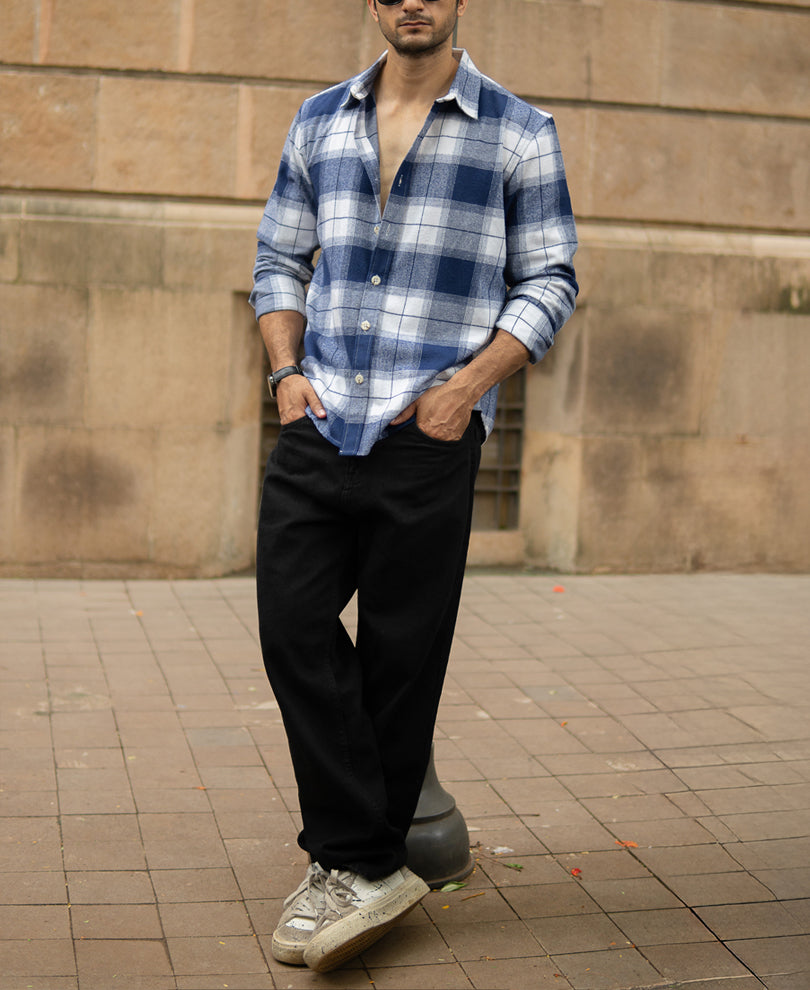 Dark Blue Brushed Checks Shirt.