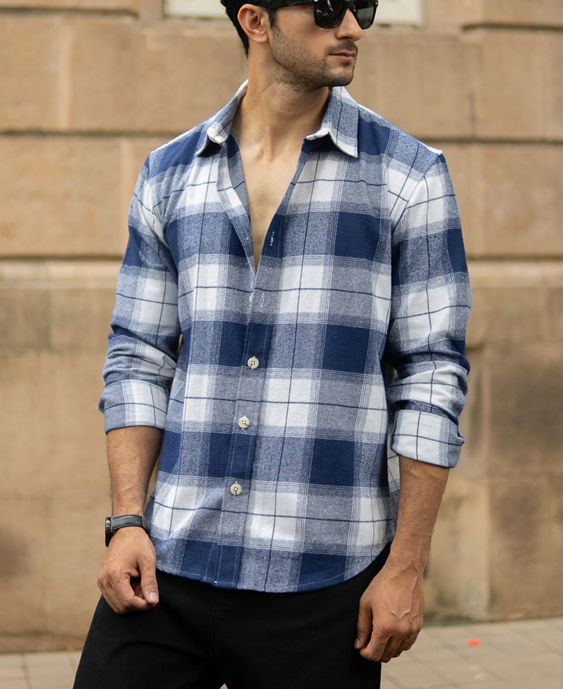 Dark Blue Brushed Checks Shirt.