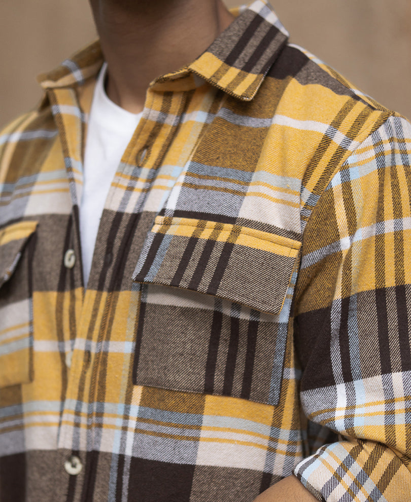 Mustard Checks Shirt With Pockets.