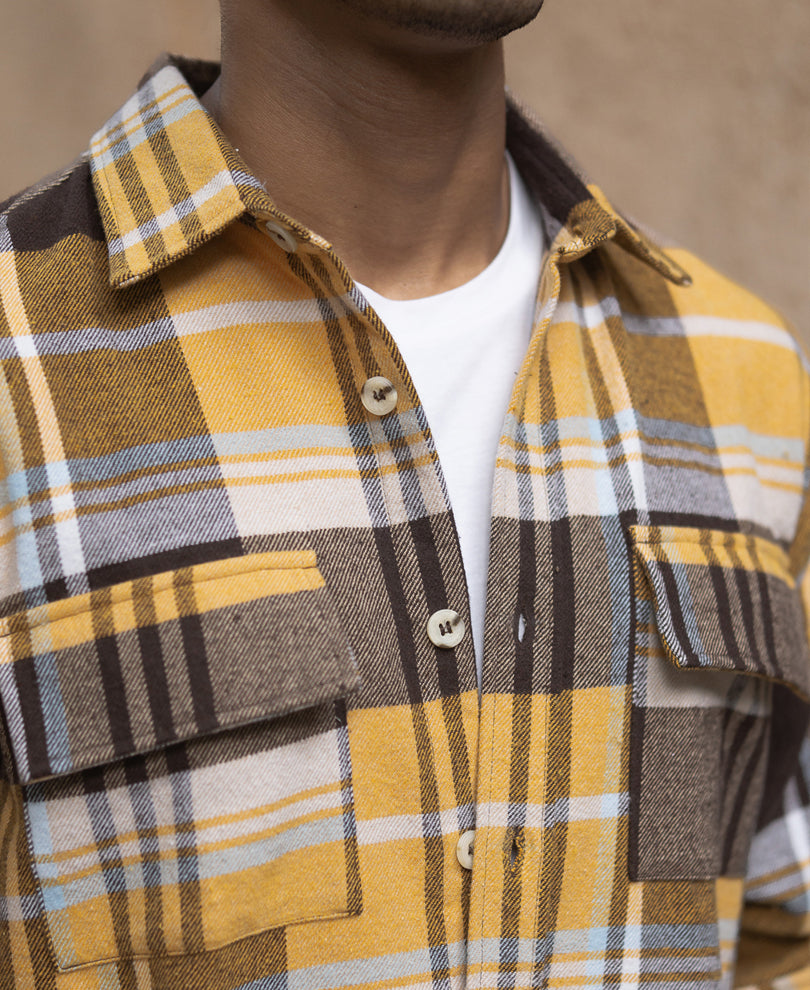 Mustard Checks Shirt With Pockets.