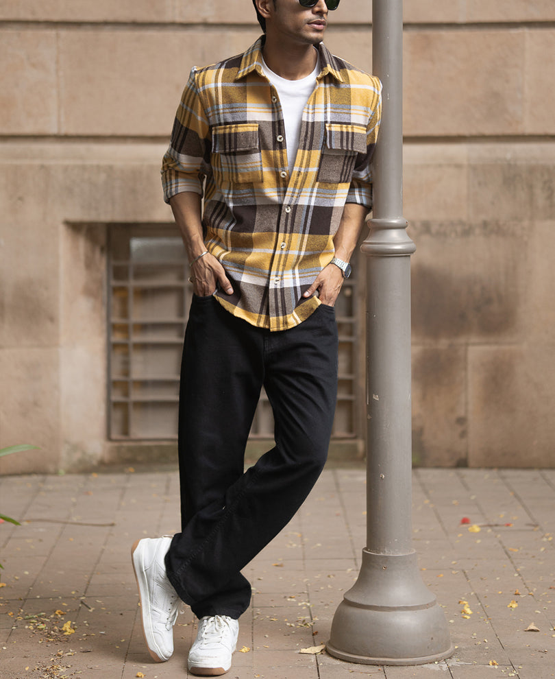 Mustard Checks Shirt With Pockets.