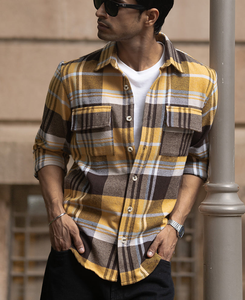 Mustard Checks Shirt With Pockets.