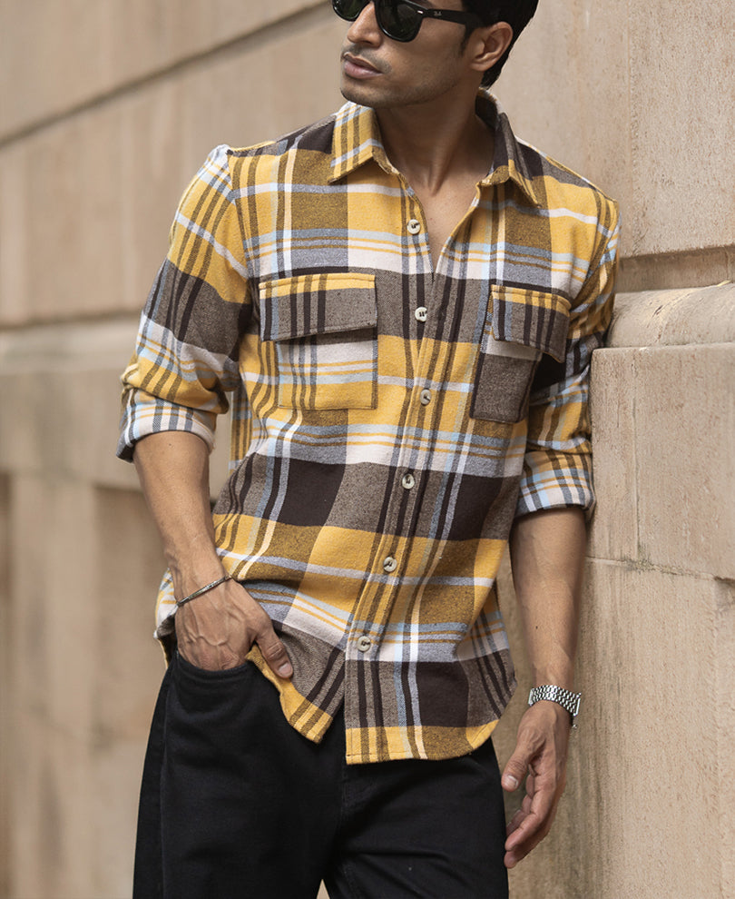 Mustard Checks Shirt With Pockets.