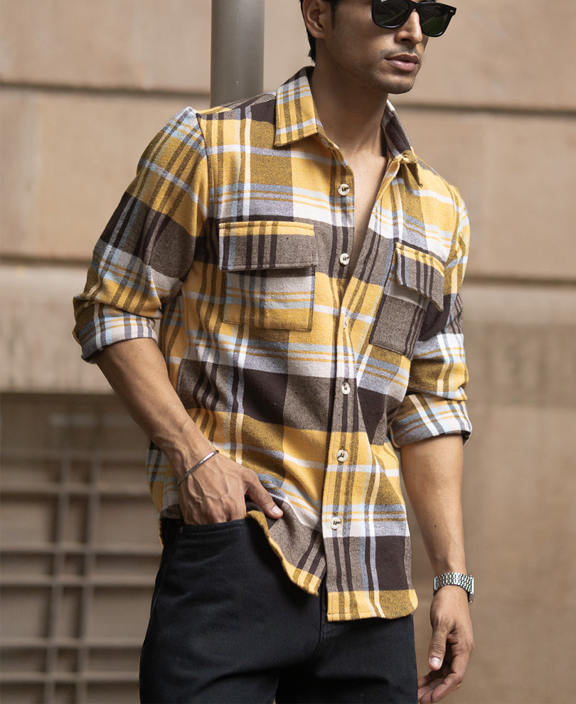 Mustard Checks Shirt With Pockets.