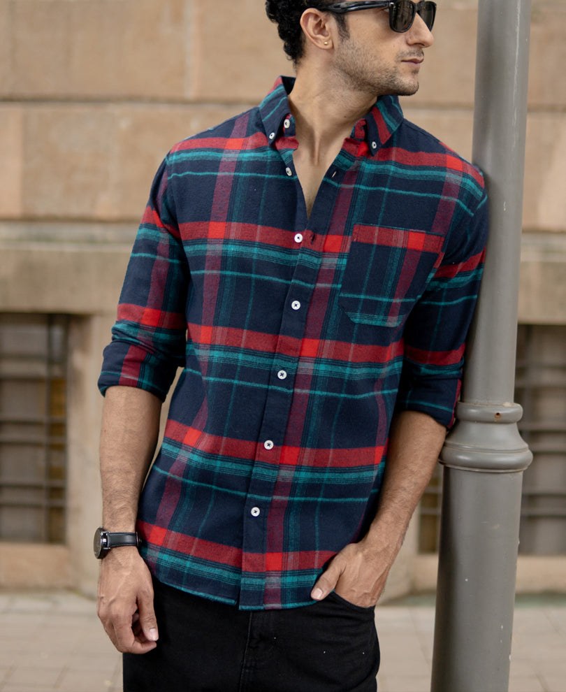 Navy Button Down Brushed Checks Shirt.