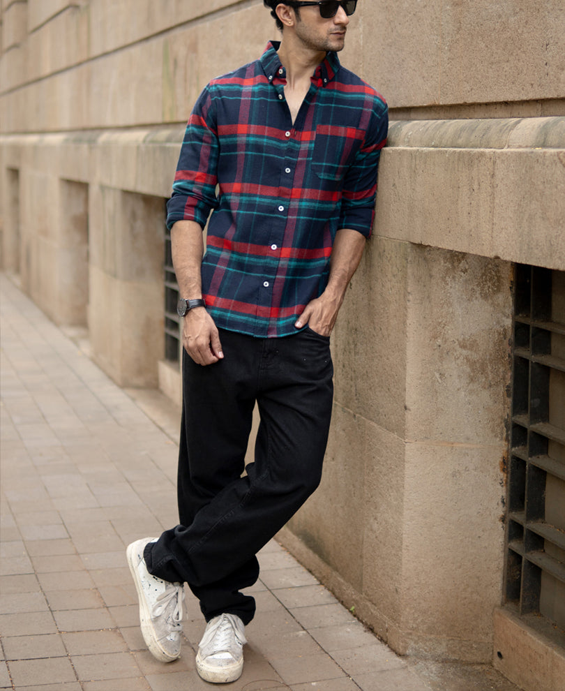 Navy Button Down Brushed Checks Shirt.