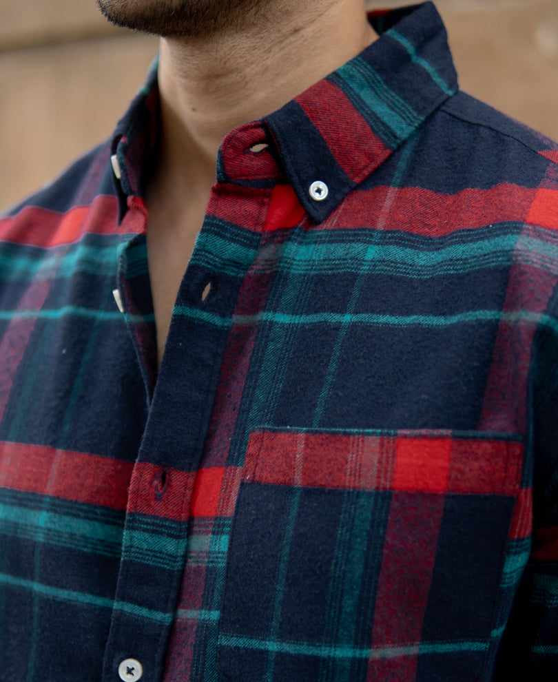 Navy Button Down Brushed Checks Shirt.