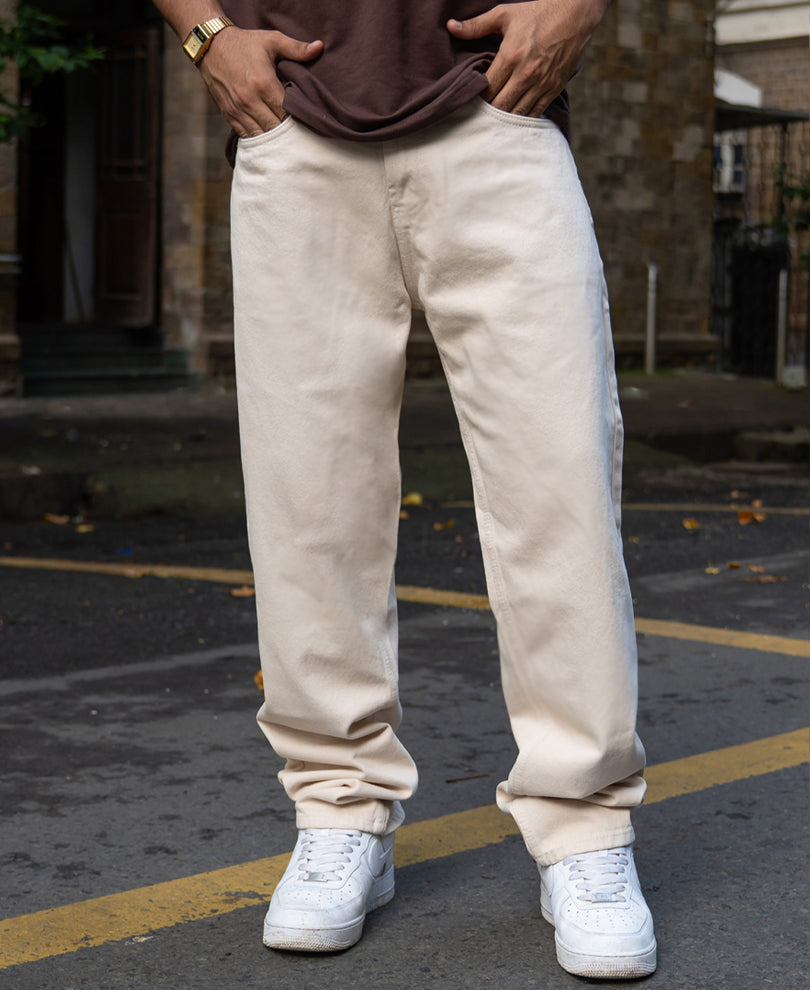 Cream Baggy Fit Jeans.