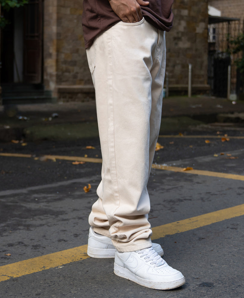 Cream Baggy Fit Jeans.