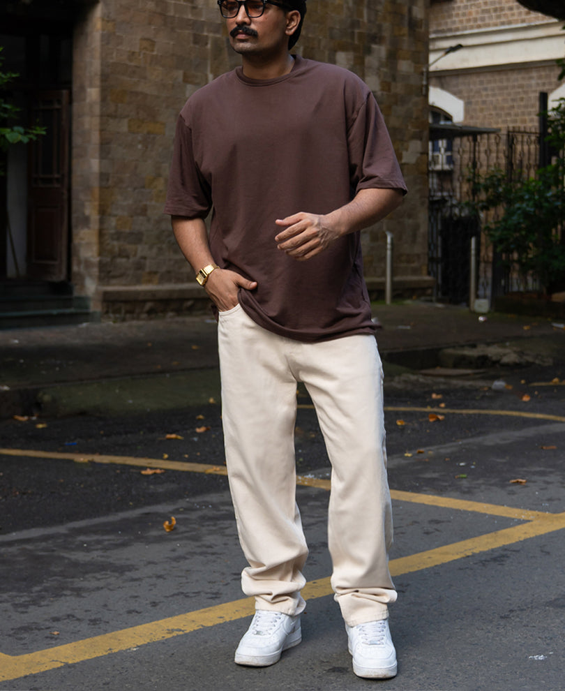 Cream Baggy Fit Jeans.