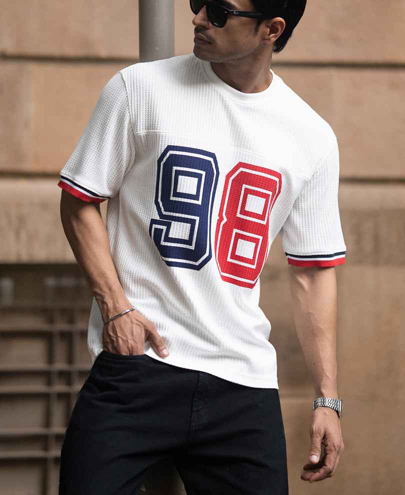 White Structured Print T-Shirt.