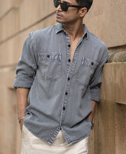 Grey Denim Shirt With Pockets.