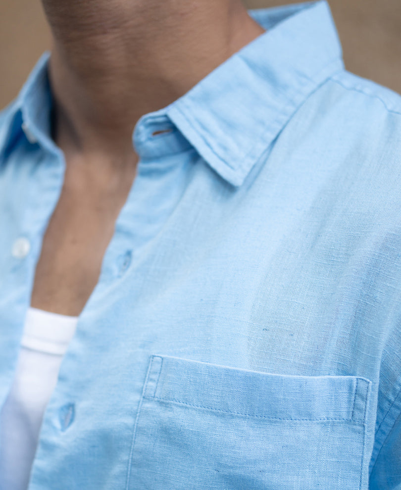 Light Blue Linen Blend Regular Fit Shirt.