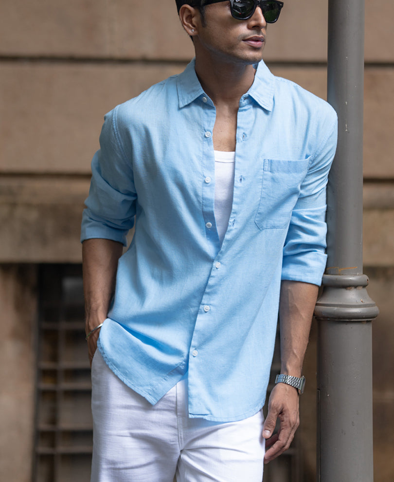 Light Blue Linen Blend Regular Fit Shirt.