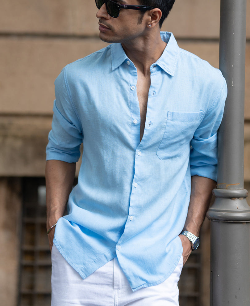 Light Blue Linen Blend Regular Fit Shirt.