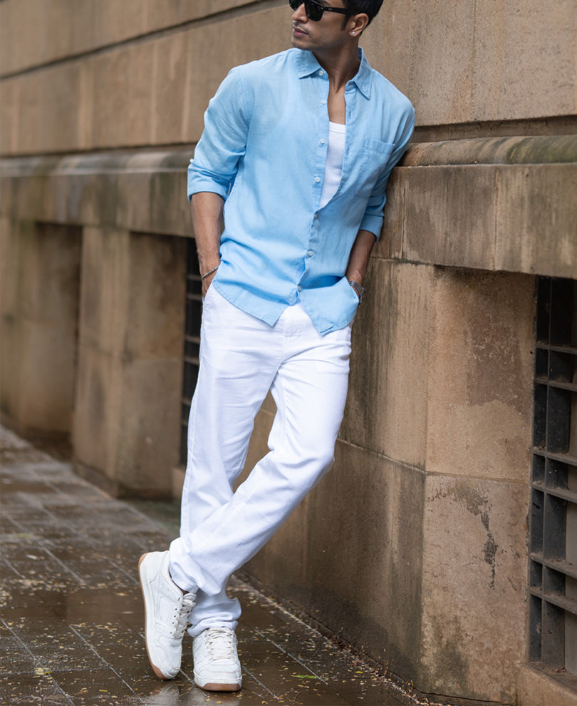 Light Blue Linen Blend Regular Fit Shirt.