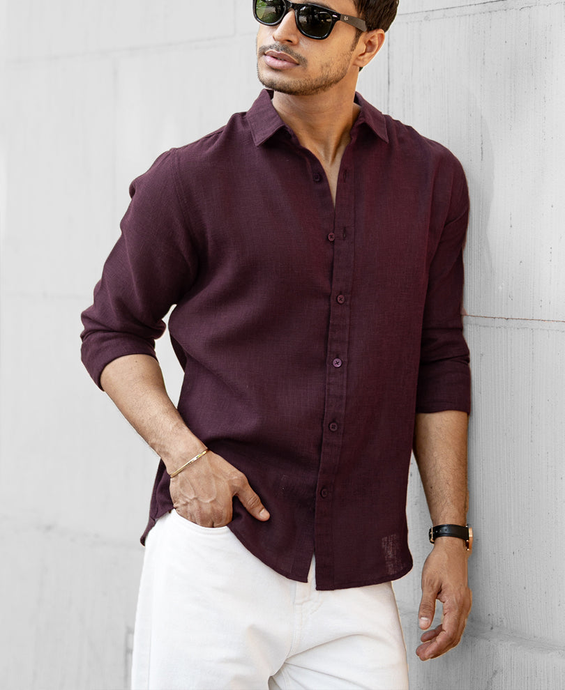 Dark Maroon Linen Blend Shirt.