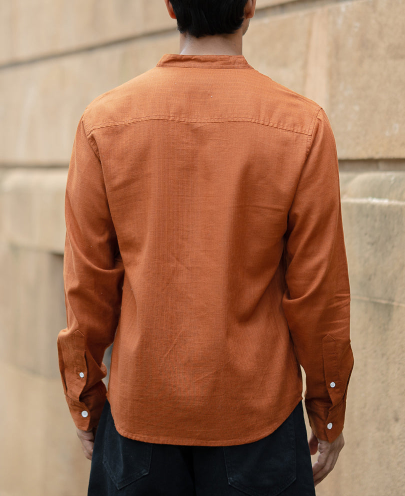 Brown Mandarin Collar Shirt.